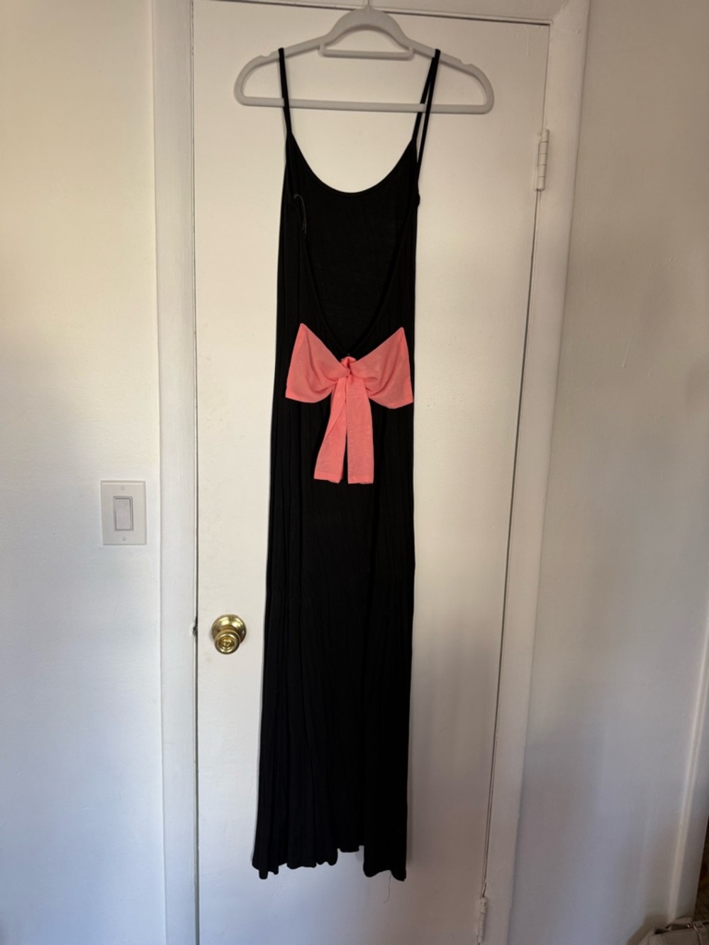 Very Low Back Black Maxi Dress with Pink Bow Accent